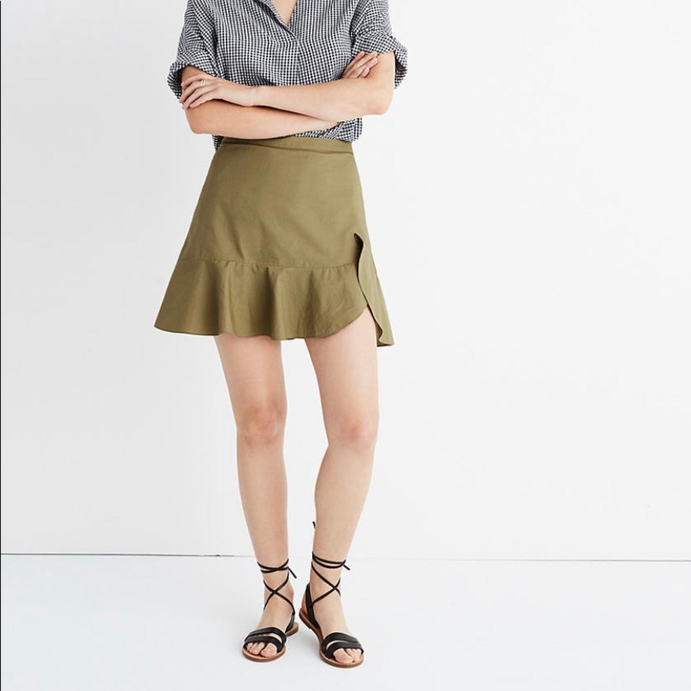 Madewell ruffle-wrap mini skirt in expat olive